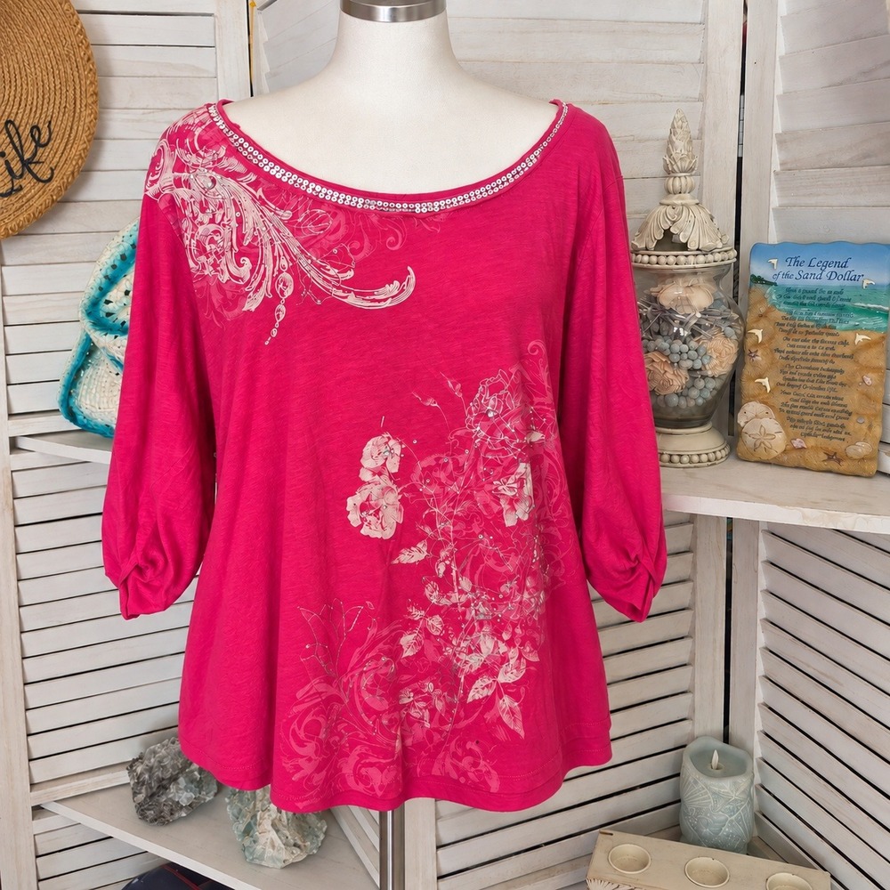 Lane Bryant Pink Floral Blouse Size 22/24 Rhinestone Sequin 3/4 Sleeve Top